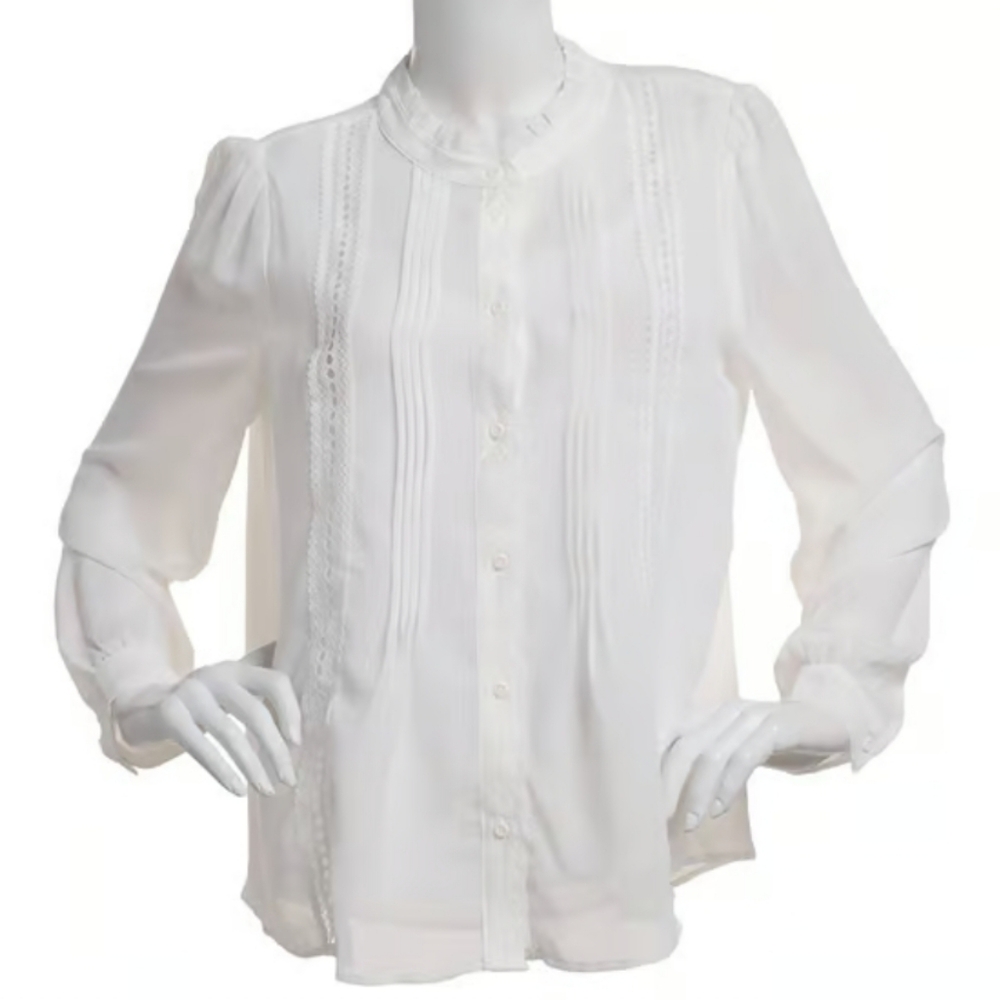 Adrianna Papell Women's Ivory Chiffon Long Sleeve Blouse - Picture 6 of 7